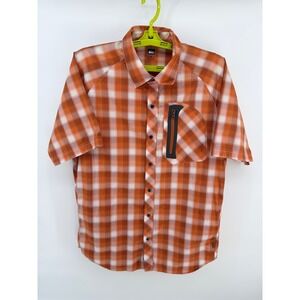 REI Mens Medium Orange Plaid Short Sleeve Button Down Hiking Shirt RN37249